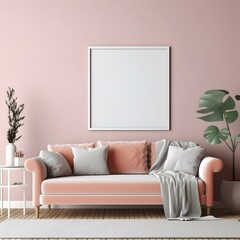 close up image, mockup empty, blank poster frame, sitting on top of a sofa, feminine modern style bedroom
