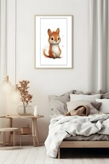 cute watercolor nursery wall art mockup of a cute baby squirrel, boho, minimalist