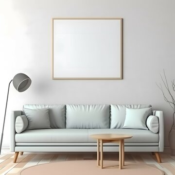 Mockup small sized empty, blank poster frame, sitting on top of a sofa, contemporary style living room photo realistic high definition 300ppi