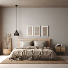a photo realistic image of a bedroom with an empty frame hanging on the wall with a neutral wall, minimalist style and modern scandinavian styled bedroom