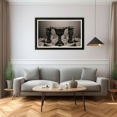 a photo realistic image of a grey scale colour scheme cozy living room with a black empty picture frame hanging on the wall which is horizontal 24 36  and quite large