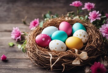 Fototapeta na wymiar Nest with colorful Easter eggs and flowers on wooden background copy space