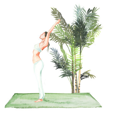 watercolor yoga pose near palm trees clip art preview