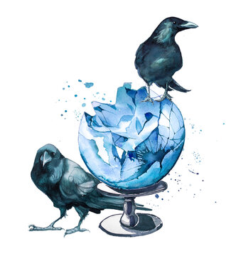 Magic ball with raven. Watercolor magic concept design. Wizard concept illustration. Halloween painting of a craw and crystal ball.