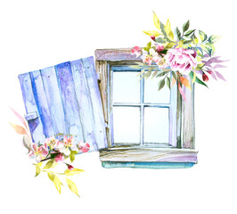 Vintage window with flowers design. Watercolor spring illustration for banner, poster,print,card,background.Provence cottage themed card. Countryside summer house graphic.