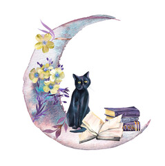 Full moon, flowers with black cat and books. Watercolor hand painted lunar concept illustration. Moon phase and crow design. Halloween themed artwork.