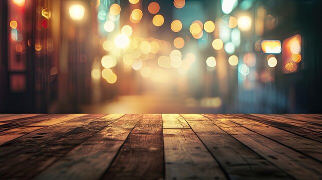 Wooden table top on blur bokeh light background, stock photo