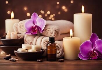 Fototapeta na wymiar Spa brown background with towels candles orchid flowers and essential oils copy space