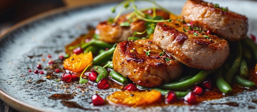 Seared Pork Tenderloin Medallions With Orange Relish Sauce, Pomegranate, And Green Baby Beans, In A Modern Style.