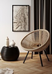 Stylish living room interior with a comfortable wicker chair and a round table