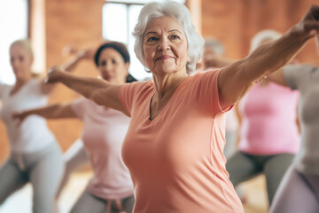 A group of elderly women are exercising in an indoor space to improve their well-being and physical health, with peach tones. Active aging concept