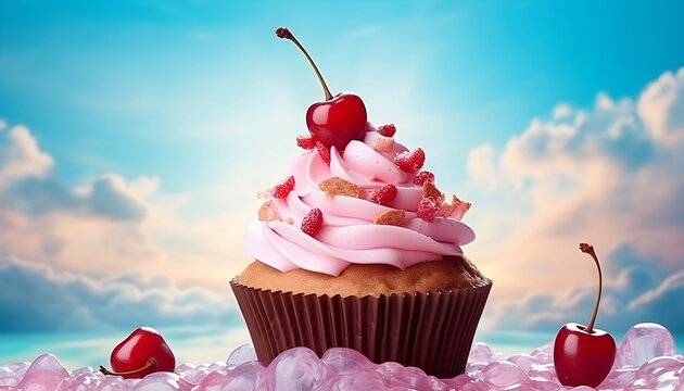 Sweet cupcake decorated cherry berry against fantasy sky backgro