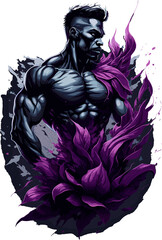 A bodybuilding man in fire purple splash waves