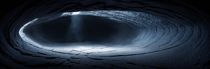rocky cave tunnel in the shape of an ellipse, beam of volumetric light
