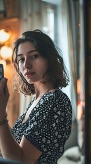 Young Woman Taking Selfie in Mirror with Smartphone