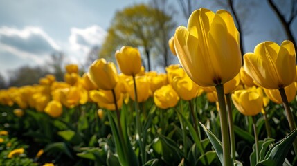 Obraz premium yellow tulips in the large garden, field, rows, delicate, flowers, vibrant, background, texture, spring, summer
