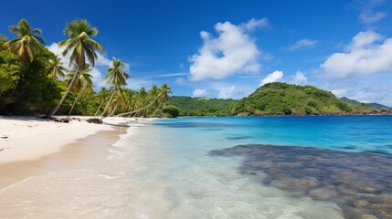 Idyllic Tropical Beach with Stunning Blue Sky, Palm Trees, and Crystal Clear Waters