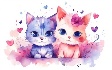 Two cute cats with hearts and flowers watercolor drawn illustration on isolated white background