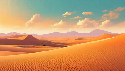 Fototapeta na wymiar flat 2d minimalistic desert 4k wallpaper showing an orange desert with hills mountains sand sky and clouds vintage landscape background