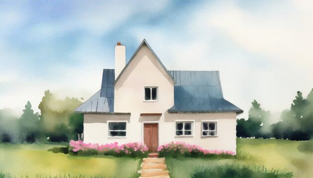 cute house watercolor illustration material background painting generative ai