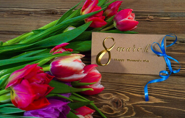 International Women's Day March 8! Flat Lay, banner, greeting card with flowers from March 8.