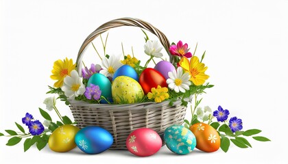 Obraz na płótnie Canvas easter basket with hand painted eggs multicolored and spring flowers on a or white background