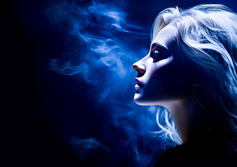 Woman's face with smoke coming out of her mouth and behind her is dark background.