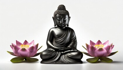 beautiful little black buddha with lotus flower white background studio