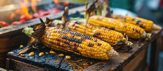 Grilled corn on the cob from a street food stall in Turkey. - obrazy, fototapety, plakaty