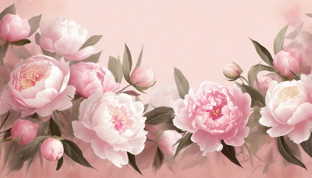 delicate pink flowers illustration peonies painted on the pink background beautiful postcard picture mural wallpaper photo wallpaper wedding invitation design