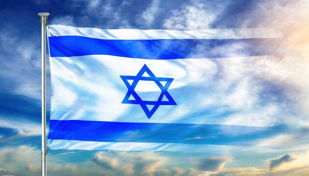 national flag of israel and blue sky with clouds double exposure