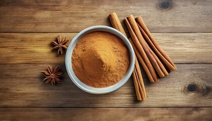 bowl of cinnamon powder and sticks on wooden table flat lay