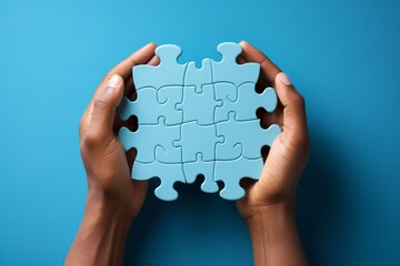 Blue puzzle pieces in hands,