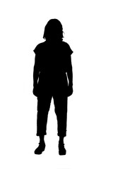 front view of a silhouette of a black and white woman standing and dressed in jumpsuit