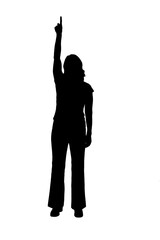 black and white silhouette of a woman pointing finger up