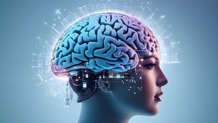Obraz premium A close-up of a brain merging with technology, the concept of artificial intelligence, thanks to Generative AI 