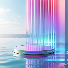 3d render round platform on water with glass wall panels minimal landscape mockup for product showcase