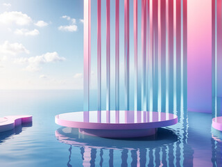 3d render round platform on water with glass wall panels minimal landscape mockup for product showcase