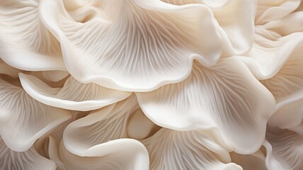 A macro shot capturing the delicate beauty of Oyster mushrooms, their frilly edges highlighted in soft natural light.  -Generative Ai - obrazy, fototapety, plakaty