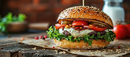Cheeseburger with vegetables, condiments, seeds, on wooden table.