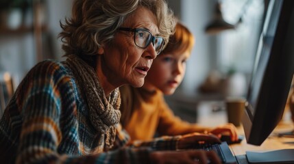 grandson teaches elderly woman  to use a computer ,senior technology adoption.  