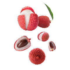 Many lychees falling on white background. Exotic fruit