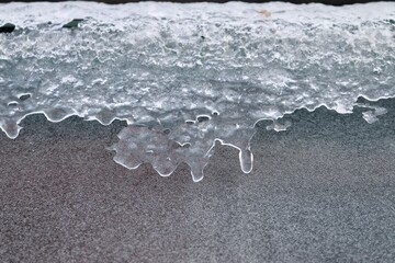 Close up of icy and snowy surfaces.