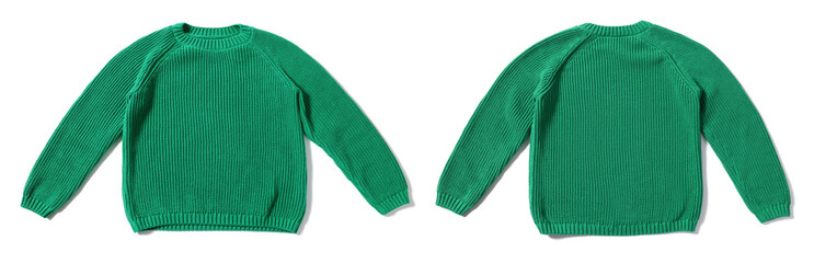 Green sweater isolated on white, back and front