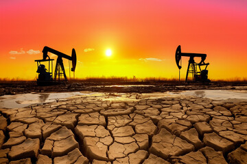 Drought land. Crude oil Pumpjack on Dry cracked earth. Dries, Water crisis and World Climate change. Dried earth in Water crisis in nature. Cracked dried earth soil. Oil drill rig and drilling derrick