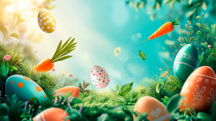 Fototapeta na wymiar Easter landscape, colorful eggs on meadow under beautiful sky