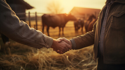 Close up of handshake of two farmers against the background with grazing brown cows - Powered by Adobe