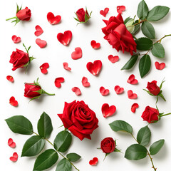 Heart shaped rose petals and red roses isolated on white
