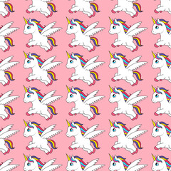 Pony unicorn seamless pattern, magical creature with wings repeat on pink background, vector illustration.