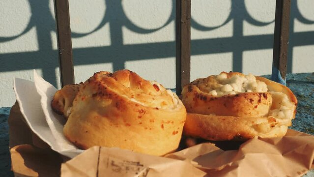 Albanian bread filled with Cheese, Take Away Snack in the Sun, Close Up